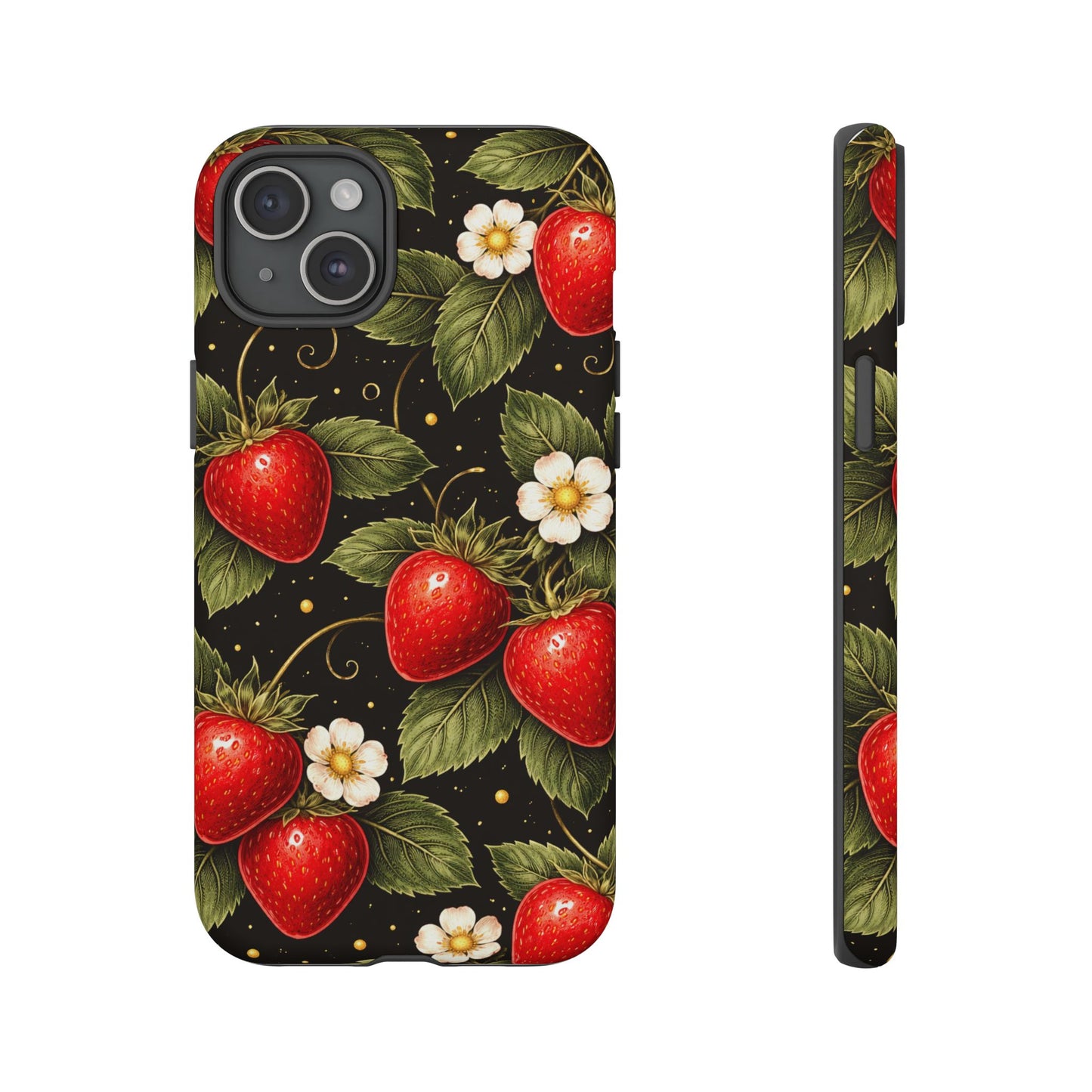 Vintage Strawberry Pattern Tough Iphone Pro Max Case phone case | Black Floral Retro Fruit iPhone 12 13 14 15 16 17 Pro Max Tough Case
