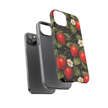 Vintage Strawberry Pattern Tough Iphone Pro Max Case phone case | Black Floral Retro Fruit iPhone 12 13 14 15 16 17 Pro Max Tough Case