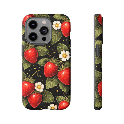 Vintage Strawberry Pattern Tough Iphone Pro Max Case phone case | Black Floral Retro Fruit iPhone 12 13 14 15 16 17 Pro Max Tough Case