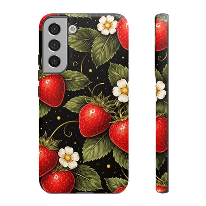 Strawberry Pattern Tough Phone Case — Vintage Red Berry Floral Protective Cover