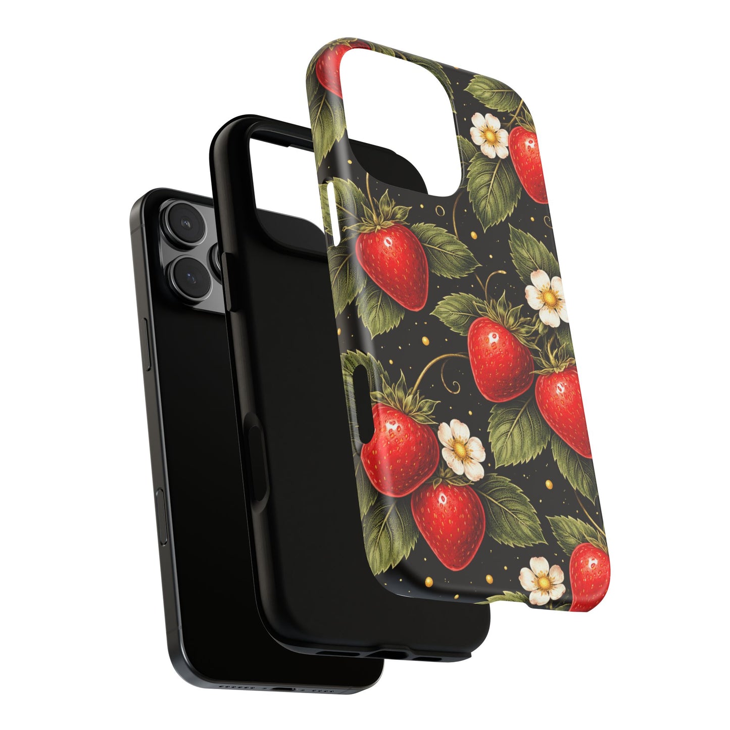 Vintage Strawberry Pattern Tough Iphone Pro Max Case phone case | Black Floral Retro Fruit iPhone 12 13 14 15 16 17 Pro Max Tough Case