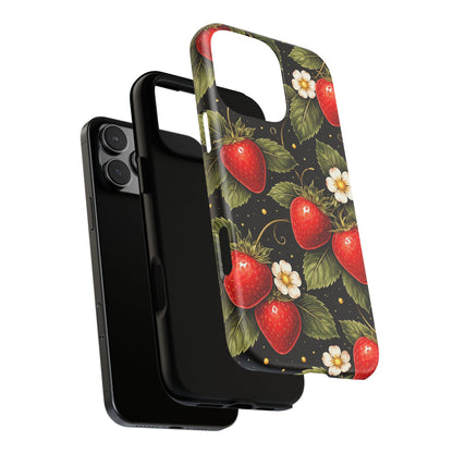 Vintage Strawberry Pattern Tough Iphone Pro Max Case phone case | Black Floral Retro Fruit iPhone 12 13 14 15 16 17 Pro Max Tough Case