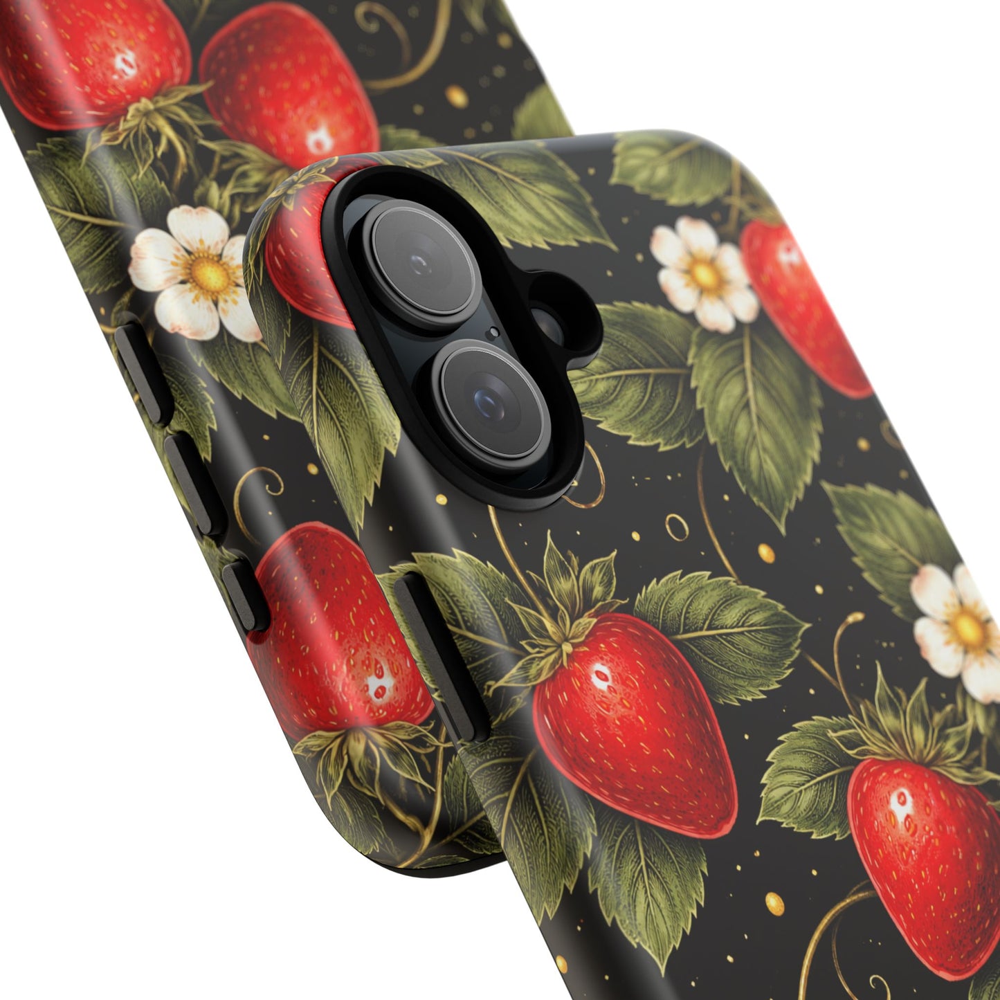Vintage Strawberry Pattern Tough Iphone Pro Max Case phone case | Black Floral Retro Fruit iPhone 12 13 14 15 16 17 Pro Max Tough Case