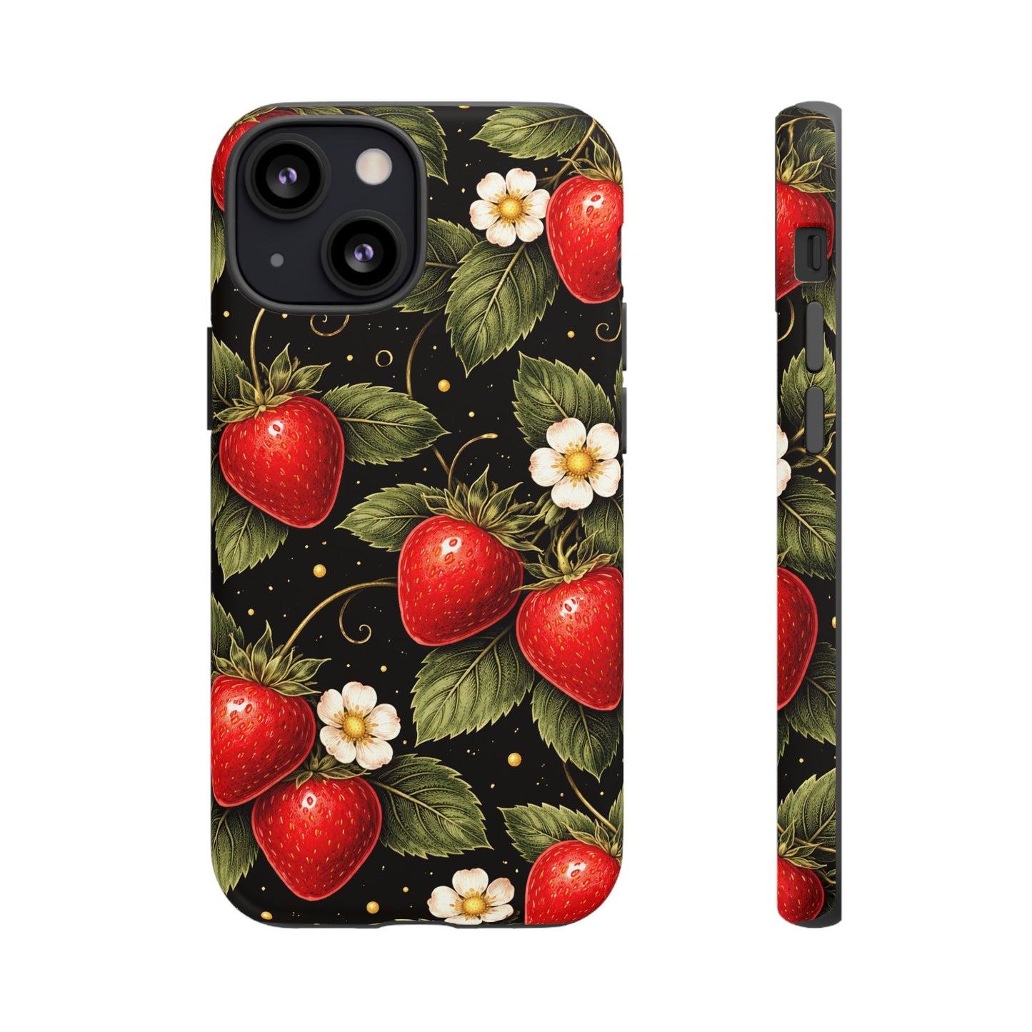 Vintage Strawberry Pattern Tough Iphone Pro Max Case phone case | Black Floral Retro Fruit iPhone 12 13 14 15 16 17 Pro Max Tough Case