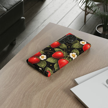 Strawberry Pattern Tough Phone Case — Vintage Red Berry Floral Protective Cover