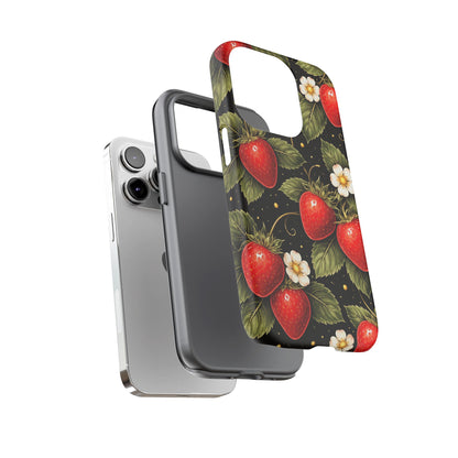 Vintage Strawberry Pattern Tough Iphone Pro Max Case phone case | Black Floral Retro Fruit iPhone 12 13 14 15 16 17 Pro Max Tough Case