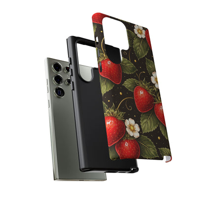 Strawberry Pattern Tough Phone Case — Vintage Red Berry Floral Protective Cover