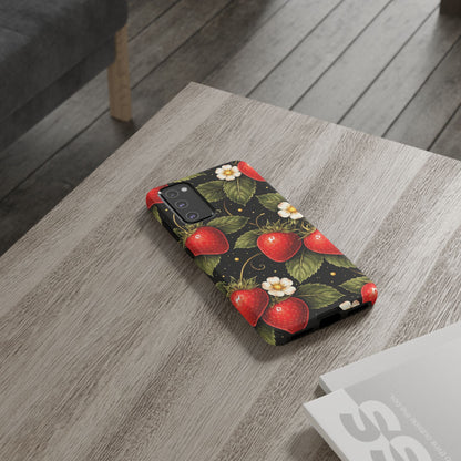 Strawberry Pattern Tough Phone Case — Vintage Red Berry Floral Protective Cover