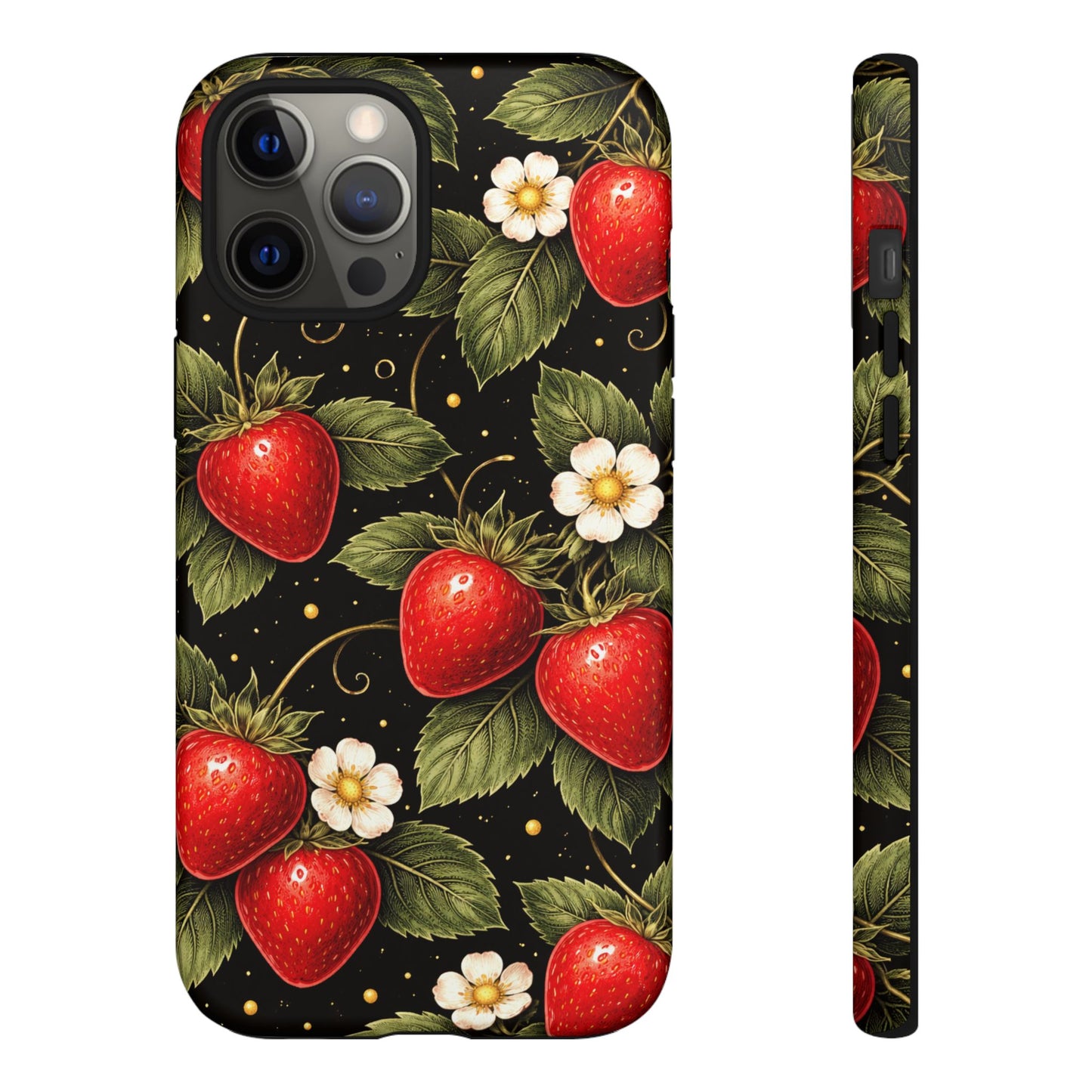 Vintage Strawberry Pattern Tough Iphone Pro Max Case phone case | Black Floral Retro Fruit iPhone 12 13 14 15 16 17 Pro Max Tough Case
