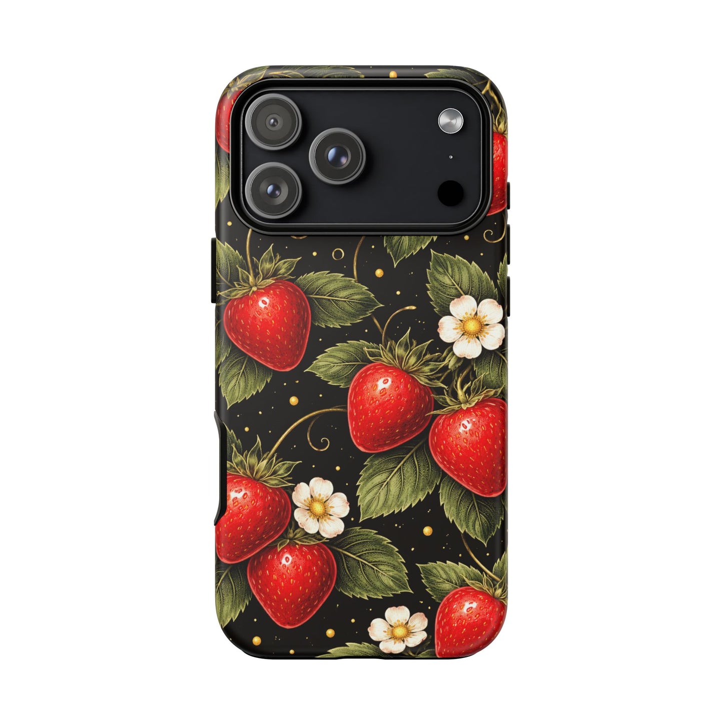 Vintage Strawberry Pattern Tough Iphone Pro Max Case phone case | Black Floral Retro Fruit iPhone 12 13 14 15 16 17 Pro Max Tough Case