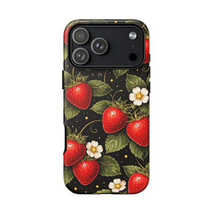 Vintage Strawberry Pattern Tough Iphone Pro Max Case phone case | Black Floral Retro Fruit iPhone 12 13 14 15 16 17 Pro Max Tough Case
