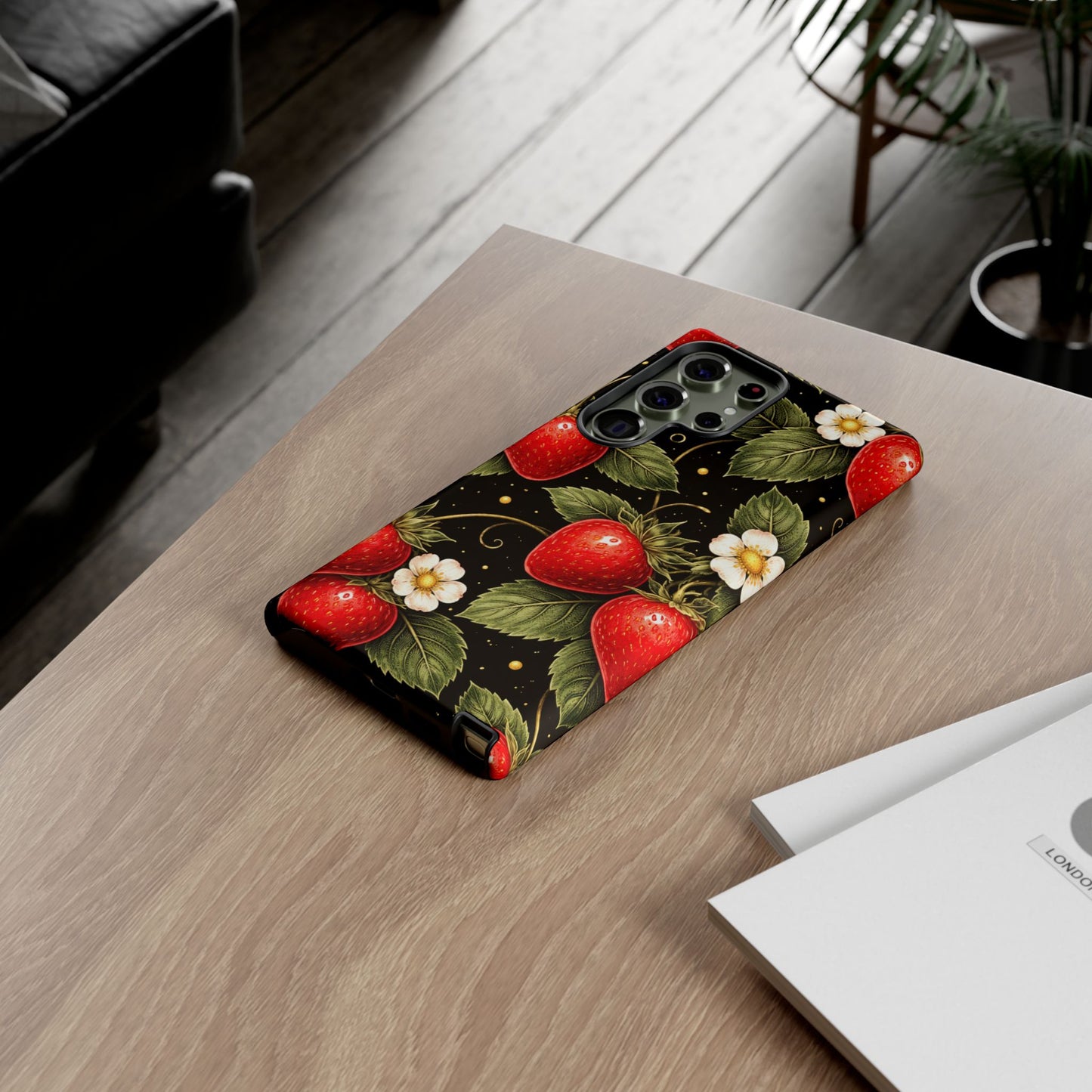 Strawberry Pattern Tough Phone Case — Vintage Red Berry Floral Protective Cover