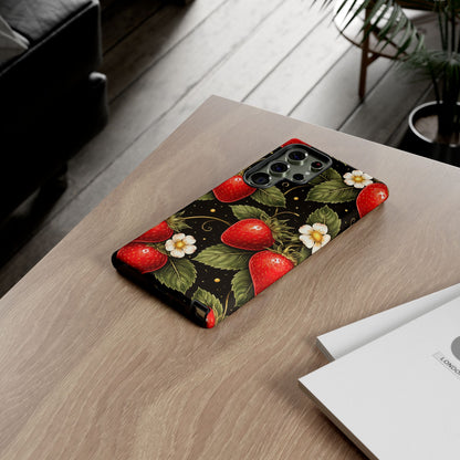 Strawberry Pattern Tough Phone Case — Vintage Red Berry Floral Protective Cover