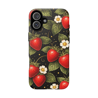 Vintage Strawberry Pattern Tough Iphone Pro Max Case phone case | Black Floral Retro Fruit iPhone 12 13 14 15 16 17 Pro Max Tough Case