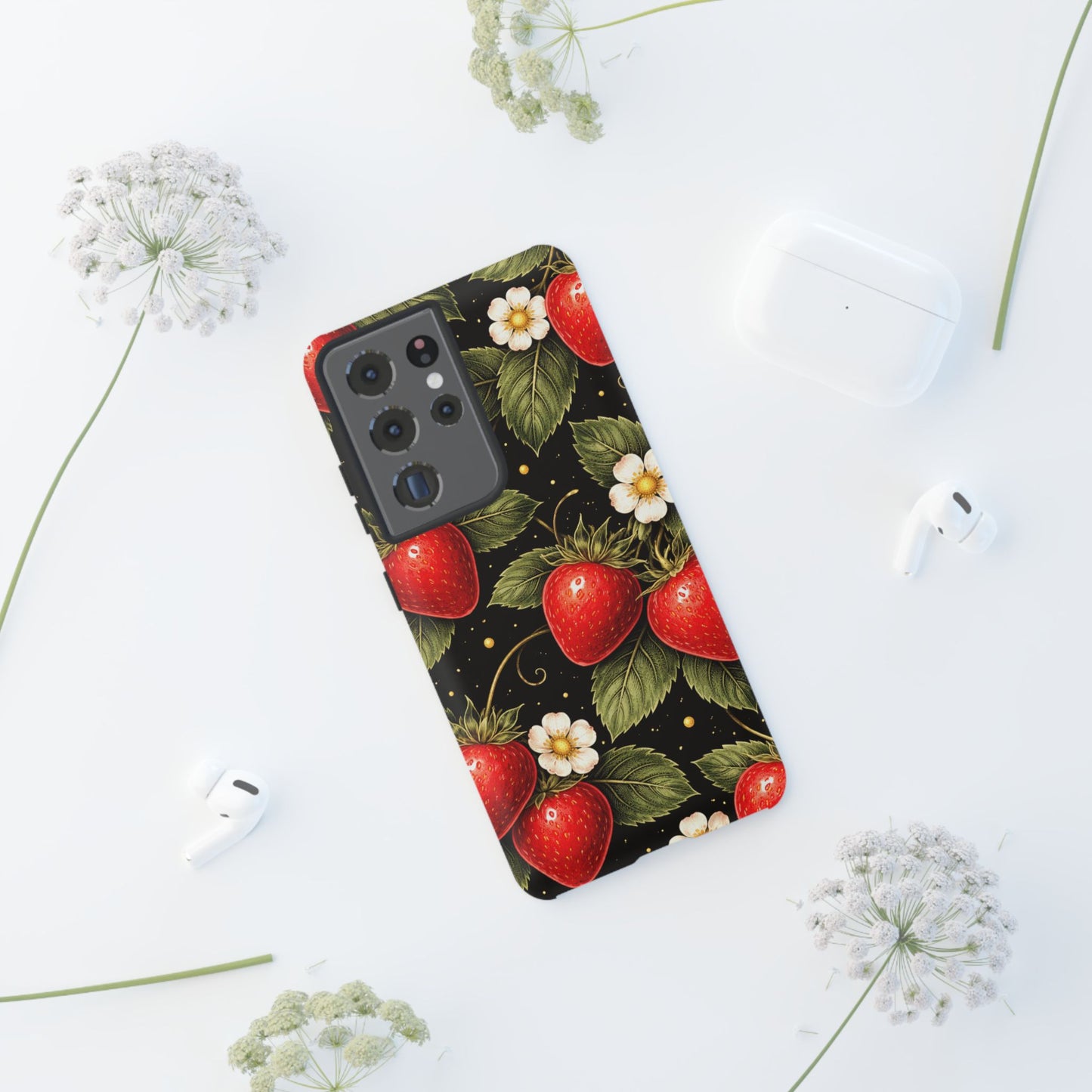 Strawberry Pattern Tough Phone Case — Vintage Red Berry Floral Protective Cover