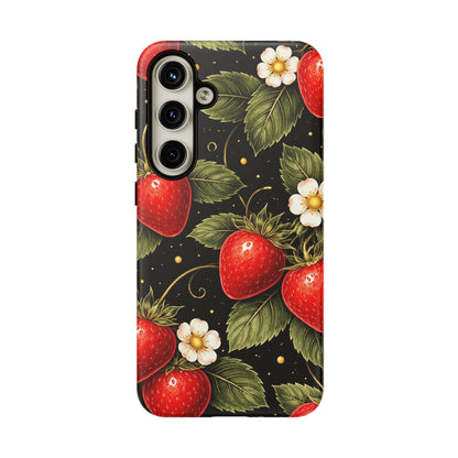 Strawberry Pattern Tough Phone Case — Vintage Red Berry Floral Protective Cover