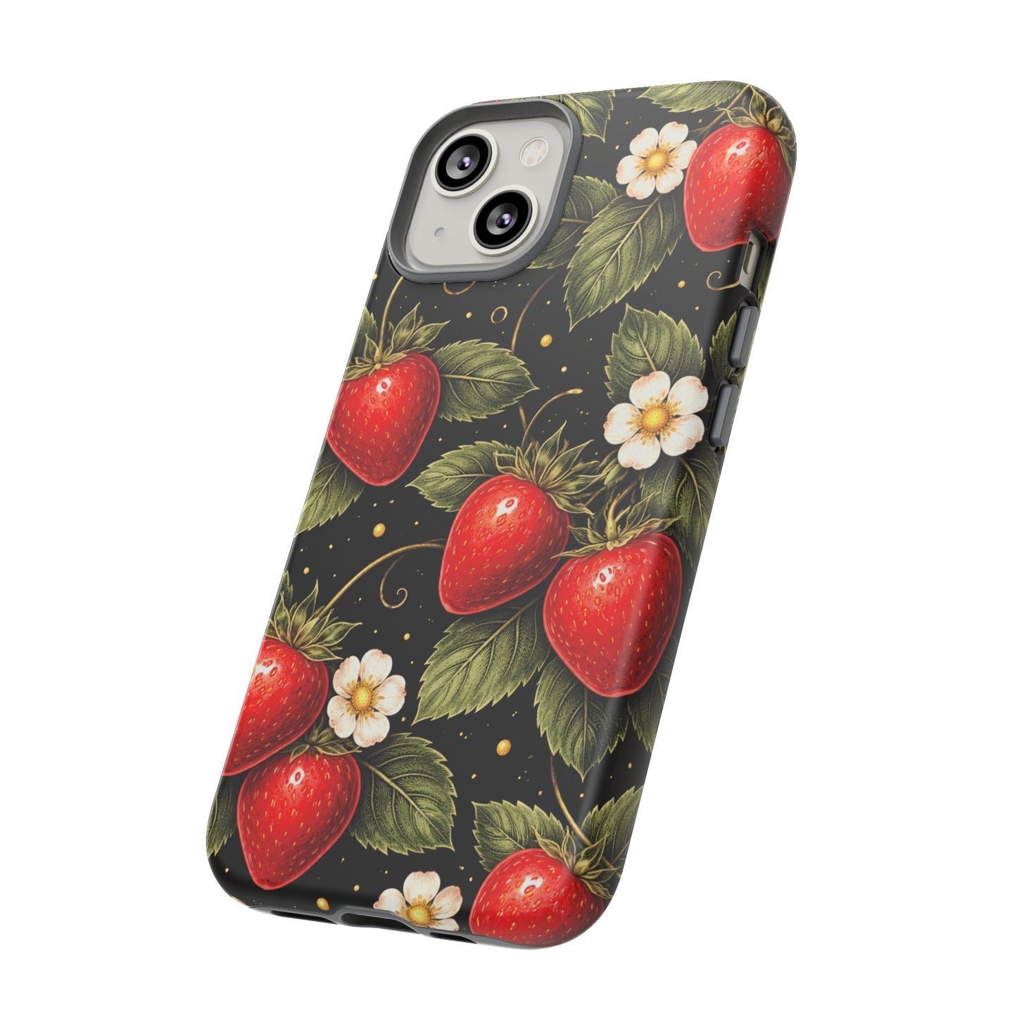 Vintage Strawberry Pattern Tough Iphone Pro Max Case phone case | Black Floral Retro Fruit iPhone 12 13 14 15 16 17 Pro Max Tough Case