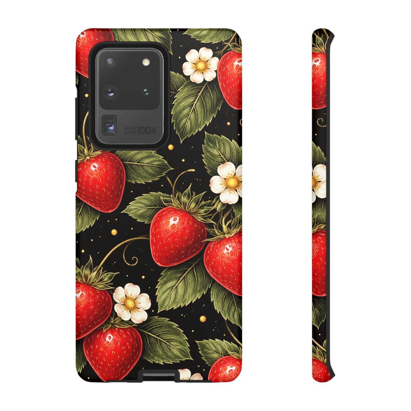 Strawberry Pattern Tough Phone Case — Vintage Red Berry Floral Protective Cover