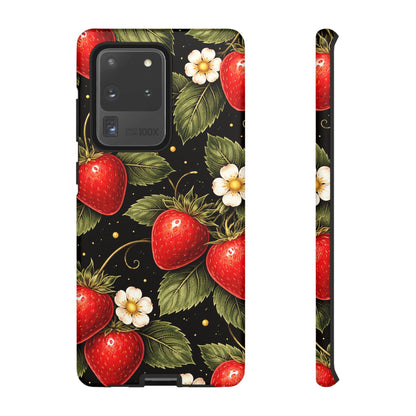 Strawberry Pattern Tough Phone Case — Vintage Red Berry Floral Protective Cover