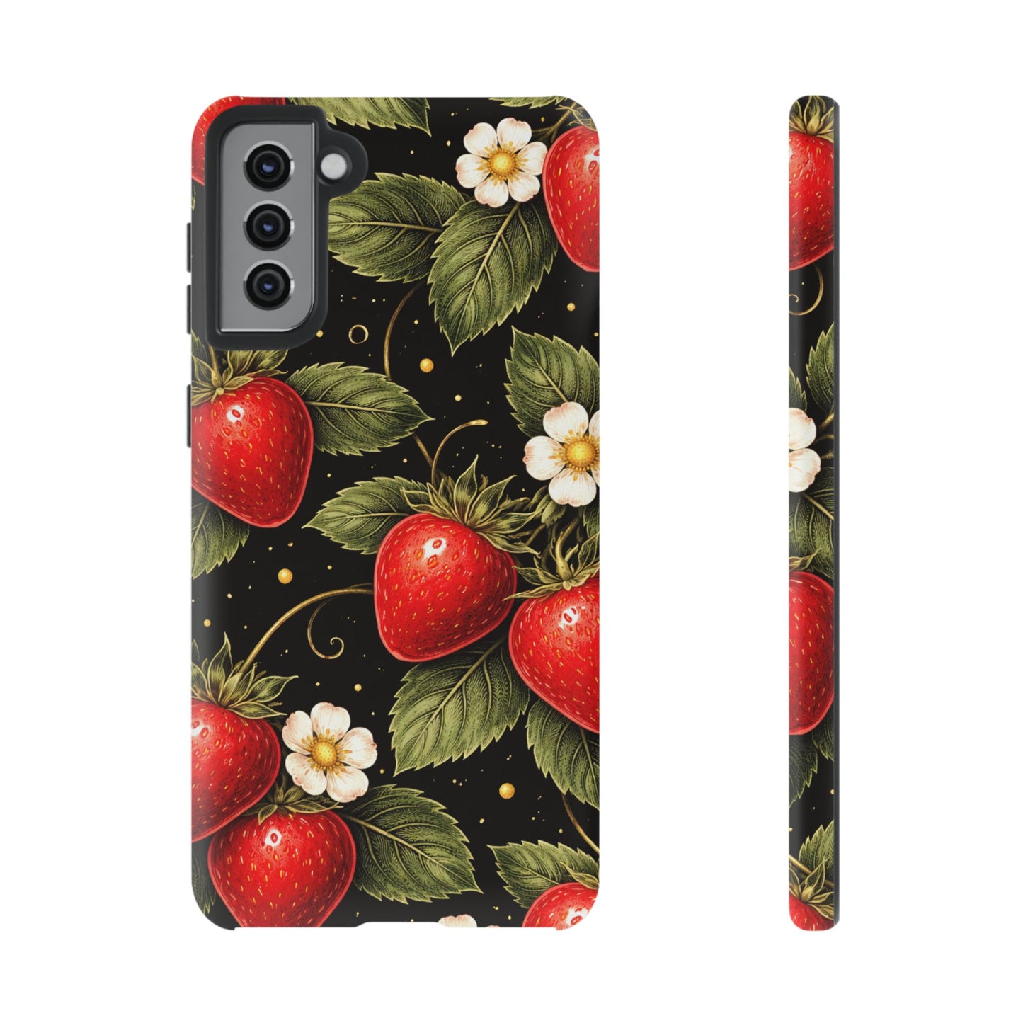 Strawberry Pattern Tough Phone Case — Vintage Red Berry Floral Protective Cover