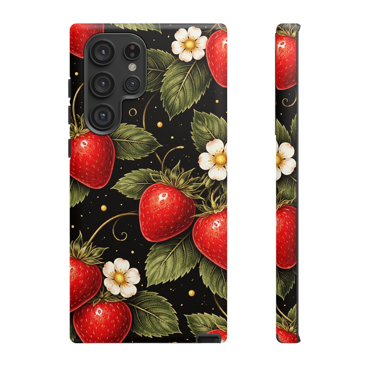 Strawberry Pattern Tough Phone Case — Vintage Red Berry Floral Protective Cover
