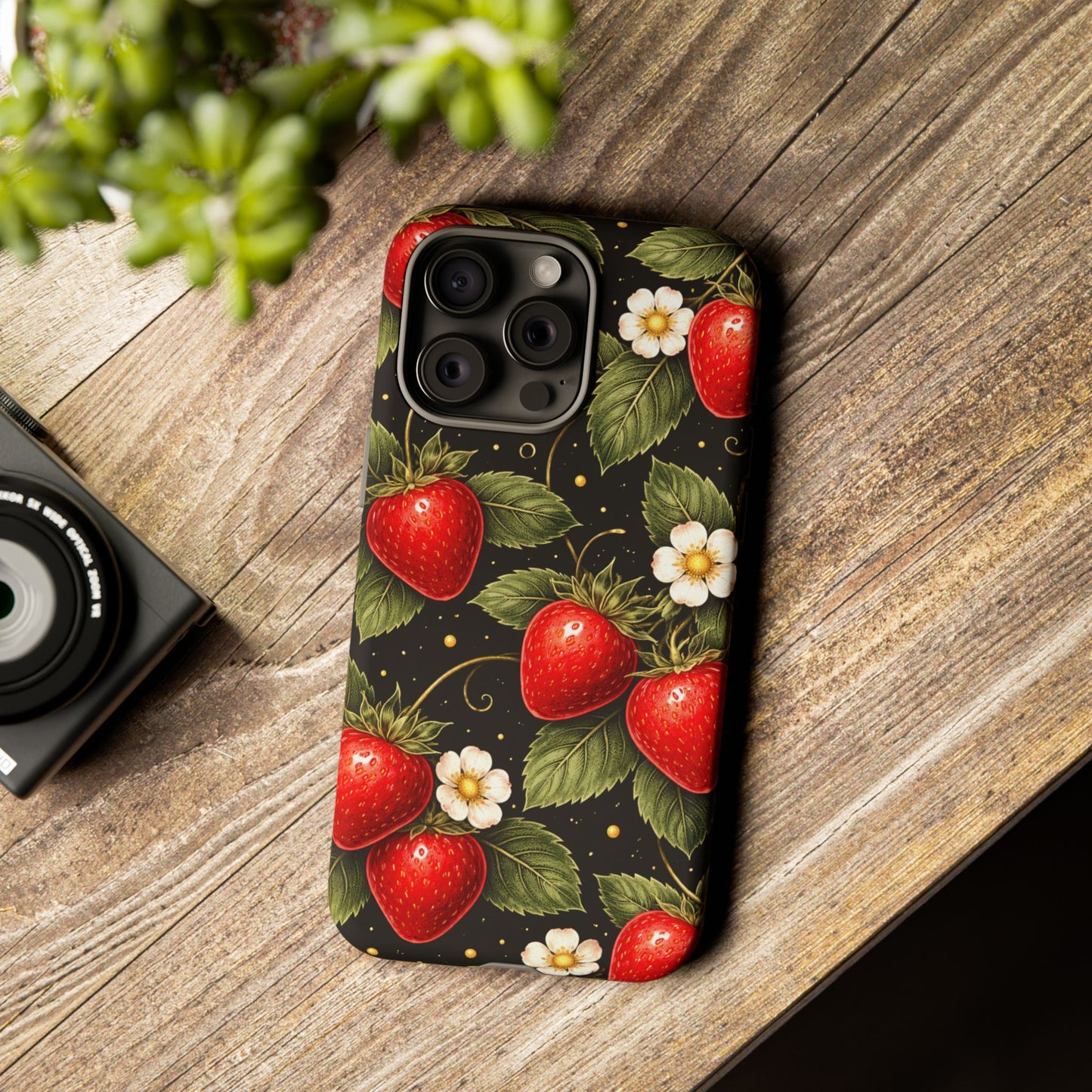 Vintage Strawberry Pattern Tough Iphone Pro Max Case phone case | Black Floral Retro Fruit iPhone 12 13 14 15 16 17 Pro Max Tough Case