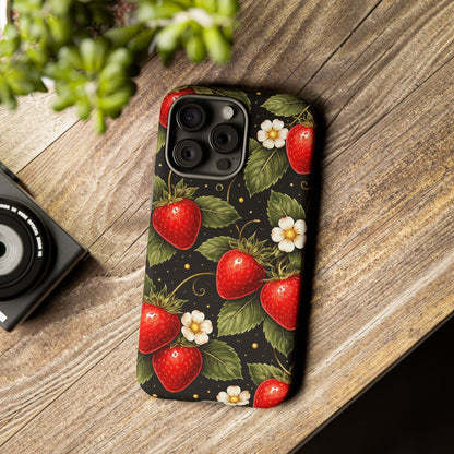 Vintage Strawberry Pattern Tough Iphone Pro Max Case phone case | Black Floral Retro Fruit iPhone 12 13 14 15 16 17 Pro Max Tough Case