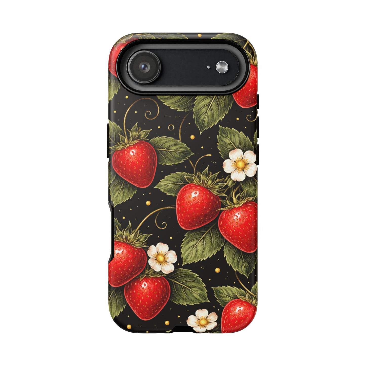 Vintage Strawberry Pattern Tough Iphone Pro Max Case phone case | Black Floral Retro Fruit iPhone 12 13 14 15 16 17 Pro Max Tough Case