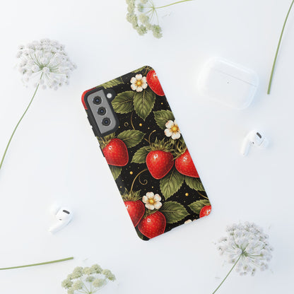Strawberry Pattern Tough Phone Case — Vintage Red Berry Floral Protective Cover
