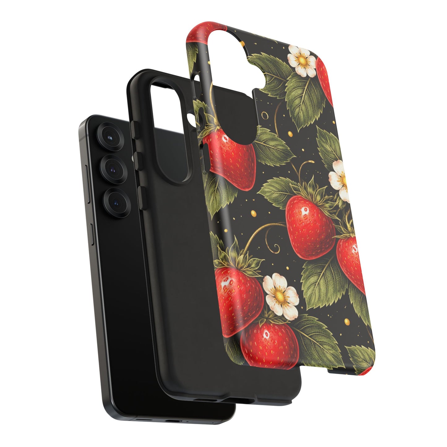Strawberry Pattern Tough Phone Case — Vintage Red Berry Floral Protective Cover