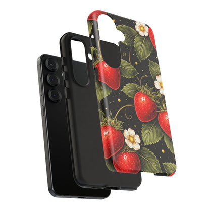 Strawberry Pattern Tough Phone Case — Vintage Red Berry Floral Protective Cover