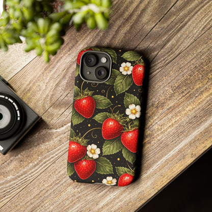 Vintage Strawberry Pattern Tough Iphone Pro Max Case phone case | Black Floral Retro Fruit iPhone 12 13 14 15 16 17 Pro Max Tough Case