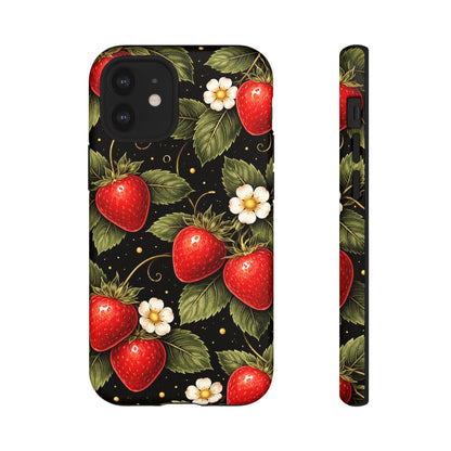 Vintage Strawberry Pattern Tough Iphone Pro Max Case phone case | Black Floral Retro Fruit iPhone 12 13 14 15 16 17 Pro Max Tough Case