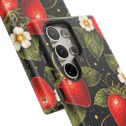Strawberry Pattern Tough Phone Case — Vintage Red Berry Floral Protective Cover