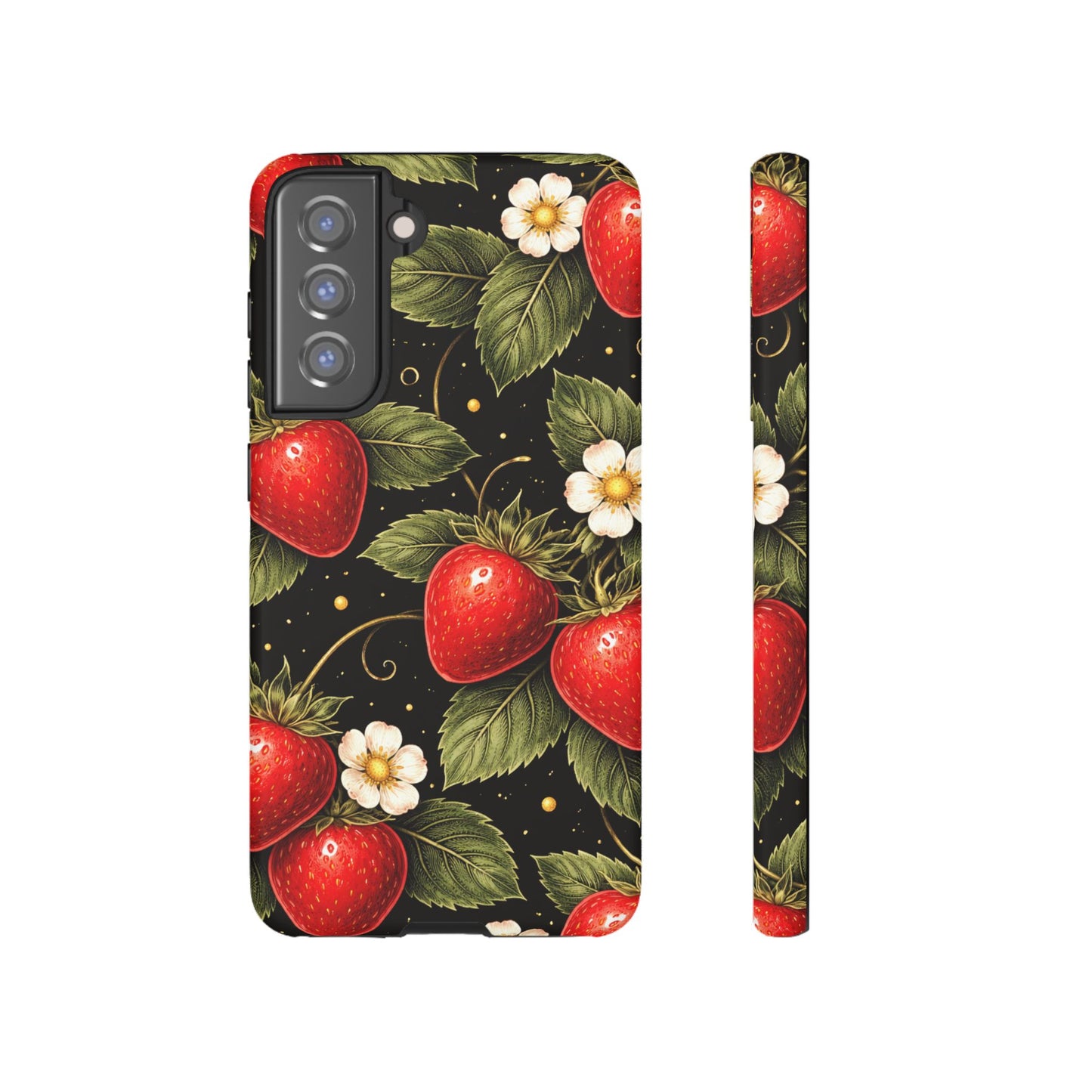 Strawberry Pattern Tough Phone Case — Vintage Red Berry Floral Protective Cover