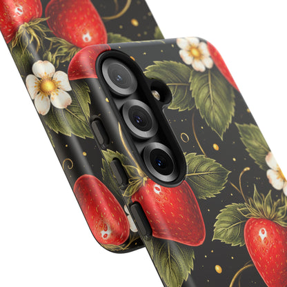 Strawberry Pattern Tough Phone Case — Vintage Red Berry Floral Protective Cover
