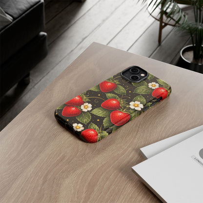 Vintage Strawberry Pattern Tough Iphone Pro Max Case phone case | Black Floral Retro Fruit iPhone 12 13 14 15 16 17 Pro Max Tough Case