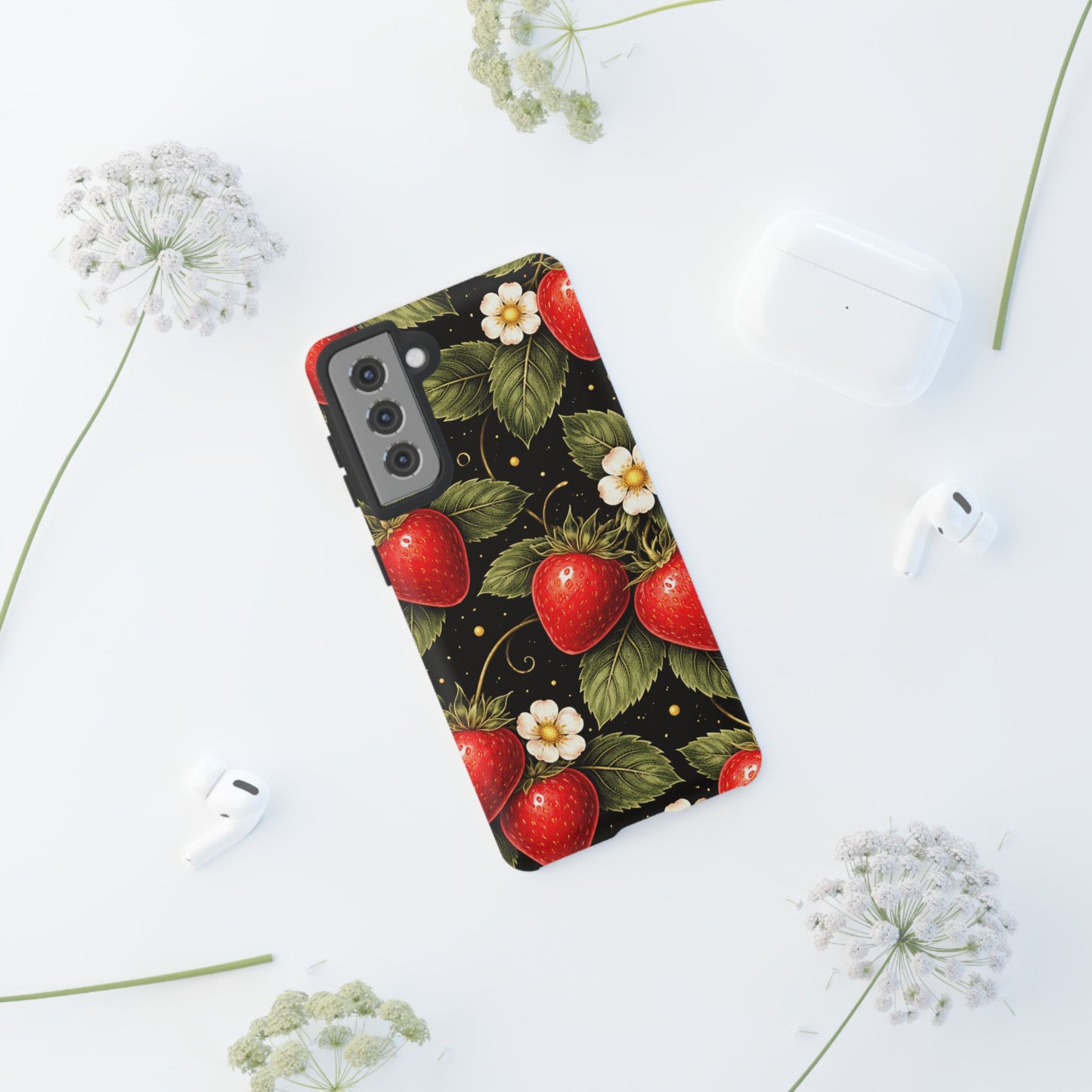 Strawberry Pattern Tough Phone Case — Vintage Red Berry Floral Protective Cover