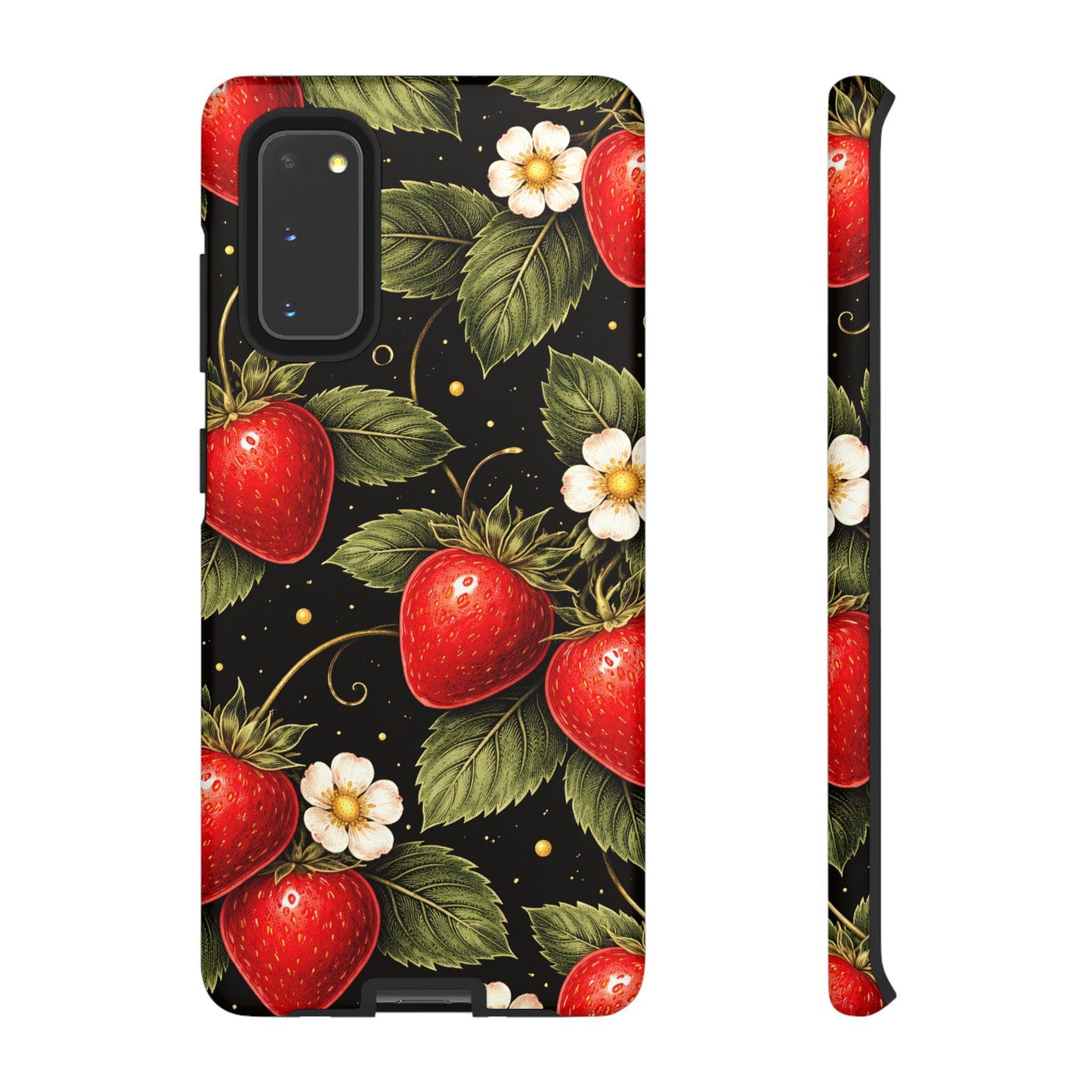 Strawberry Pattern Tough Phone Case — Vintage Red Berry Floral Protective Cover