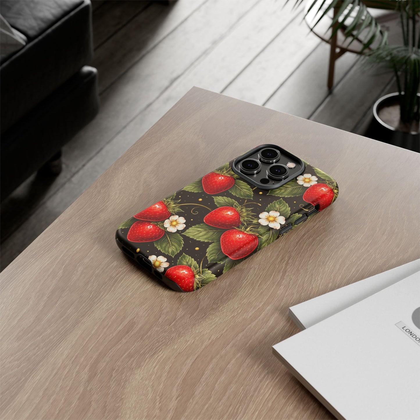 Vintage Strawberry Pattern Tough Iphone Pro Max Case phone case | Black Floral Retro Fruit iPhone 12 13 14 15 16 17 Pro Max Tough Case