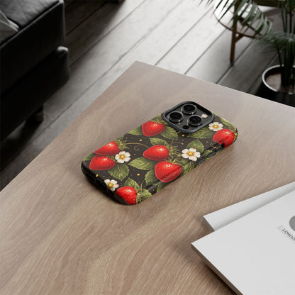 Vintage Strawberry Pattern Tough Iphone Pro Max Case phone case | Black Floral Retro Fruit iPhone 12 13 14 15 16 17 Pro Max Tough Case