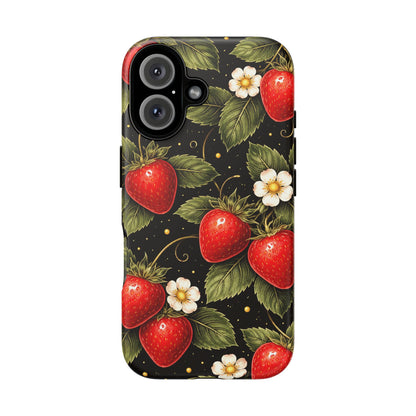 Vintage Strawberry Pattern Tough Iphone Pro Max Case phone case | Black Floral Retro Fruit iPhone 12 13 14 15 16 17 Pro Max Tough Case