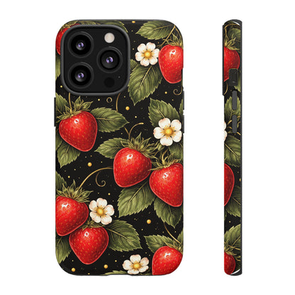 Vintage Strawberry Pattern Tough Iphone Pro Max Case phone case | Black Floral Retro Fruit iPhone 12 13 14 15 16 17 Pro Max Tough Case