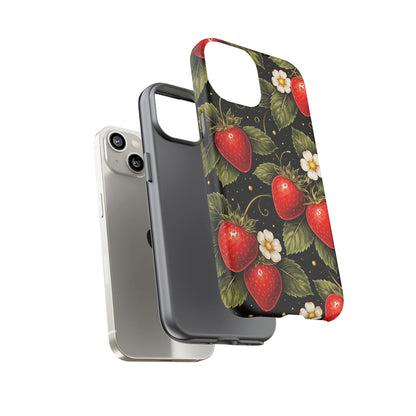 Vintage Strawberry Pattern Tough Iphone Pro Max Case phone case | Black Floral Retro Fruit iPhone 12 13 14 15 16 17 Pro Max Tough Case