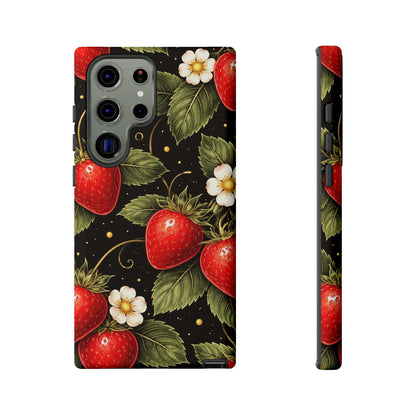 Strawberry Pattern Tough Phone Case — Vintage Red Berry Floral Protective Cover