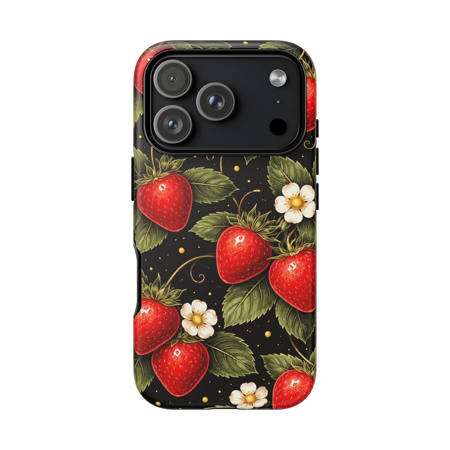 Vintage Strawberry Pattern Tough Iphone Pro Max Case phone case | Black Floral Retro Fruit iPhone 12 13 14 15 16 17 Pro Max Tough Case