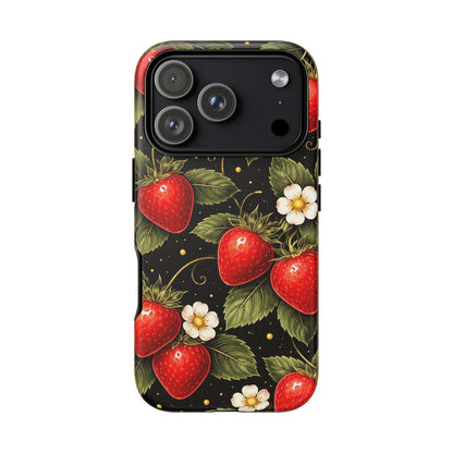 Vintage Strawberry Pattern Tough Iphone Pro Max Case phone case | Black Floral Retro Fruit iPhone 12 13 14 15 16 17 Pro Max Tough Case