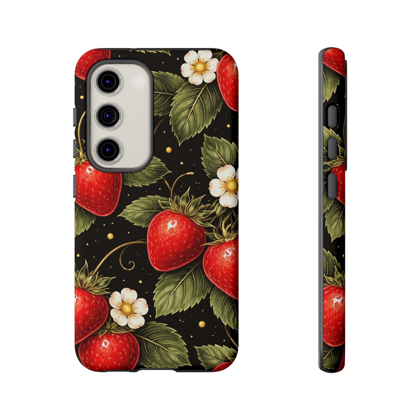 Strawberry Pattern Tough Phone Case — Vintage Red Berry Floral Protective Cover