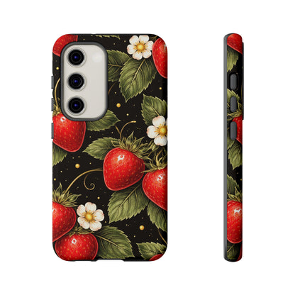 Strawberry Pattern Tough Phone Case — Vintage Red Berry Floral Protective Cover