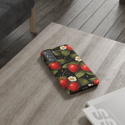Strawberry Pattern Tough Phone Case — Vintage Red Berry Floral Protective Cover